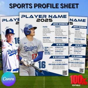 Sports Profile Sheet Template, Athlete Player Profile Sheet Resume, Sports Recruiting Card, Softball Player, Athletic Resume, Sports Resume