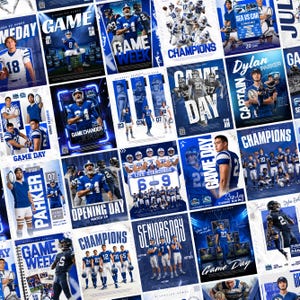 May include: A collage of American football posters featuring players in blue uniforms, action shots, and text including Game Day, Champions, Game Week, and player names like Dylan Parker, set against blue and white graphic backgrounds.