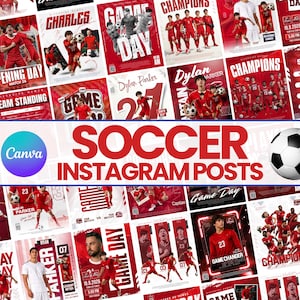 以下が含まれることがあります： 赤と白の配色、様々な選手のプレー写真、チーム写真、そして「Soccer Instagram Posts」というテキストとCanvaのロゴを含む太字のタイポグラフィが特徴的な、サッカー用Instagram投稿テンプレートのデジタルコレクション。