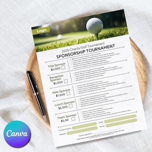 May include: A printed sponsorship form for the 2025 Charity Golf Tournament, featuring a golf ball on a tee in the background. The form lists sponsorship levels, including Title, Reception, Hole, Lunch, and Team, with associated benefits.