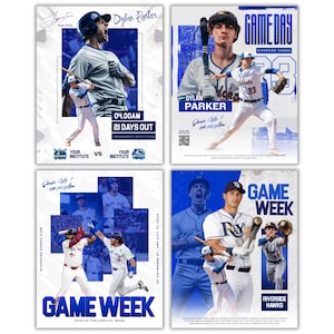 May include: Four baseball-themed posters in blue and white. Each poster displays baseball players, team logos, and text such as "Game Day," "Game Week," and player names. The posters are designed to promote upcoming games.