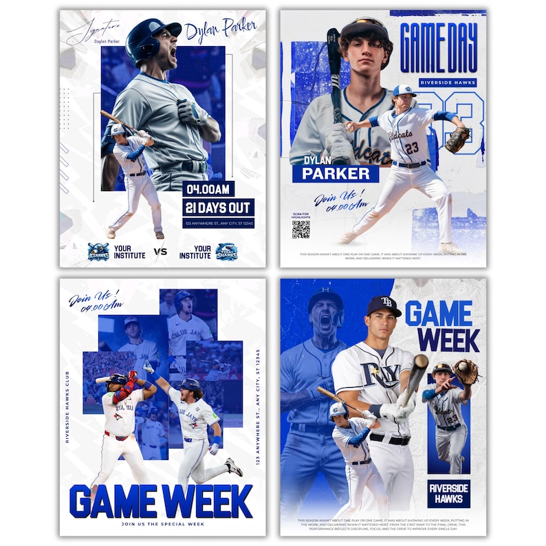 May include: Four baseball-themed posters in blue and white. Each poster displays baseball players, team logos, and text such as "Game Day," "Game Week," and player names. The posters are designed to promote upcoming games.
