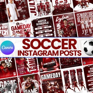 Puede incluir: Una colección de plantillas digitales para publicaciones de Instagram sobre fútbol con un esquema de color rojo oscuro y blanco. Los diseños incluyen varios formatos para calendarios de partidos, perfiles de jugadores y anuncios de días de partido.