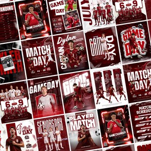 May include: A collage of sports posters featuring soccer players in red and white uniforms, with text including Game Day, Match Day, Player of the Match, and Riverside Hawks. The graphics display game scores, schedules, and player portraits in a red color scheme.
