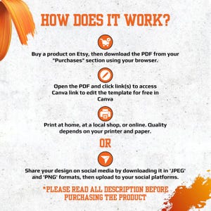 May include: An orange and white infographic titled "HOW DOES IT WORK?" detailing the process of purchasing a product on Etsy, downloading a PDF, editing a Canva template, printing, and sharing on social media. The text "PLEASE READ ALL DESCRIPTION BEFORE PURCHASING THE PRODUCT" is at the bottom.