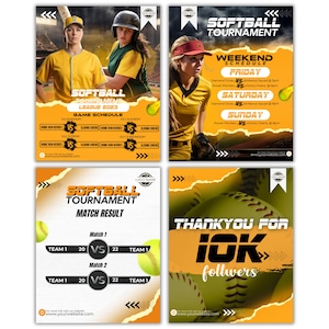 Pode incluir: Um conjunto de quatro modelos digitais para um torneio de softbol com esquemas de cores amarelo e preto. Os designs incluem imagens de jogadores, calend&aacute;rios de jogos, resultados de partidas e um gr&aacute;fico de 10K seguidores com textos.