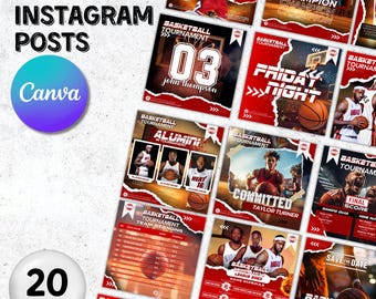 Basketball Instagram Posts Bundle, 20 Canva Basketball Templates, Basketball Social Media Flyer, Basketball Team, Editable In Canva