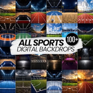May include: A collection of digital backdrops featuring over 100 diverse sports scenes, including stadiums, tracks, courts, and arenas. The central white brushstroke graphic displays the text ALL SPORTS DIGITAL BACKDROPS and 100+.