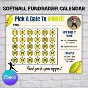 Softball Calendar Fundraiser, Softball Fundraiser Template, Pick a Date to Donate Softball,Pay the Date, Softball Fundraising Calendar Canva