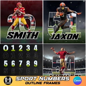 May include: A collage featuring football players with numbers and names, along with a set of outline number frames. The text reads "0-9 Sport Numbers Outline Frames" and includes a Canva logo.