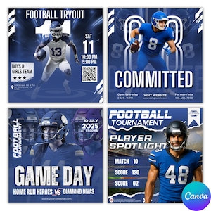 May include: Four blue and white football-themed promotional graphics. The graphics include images of football players, game day information, and the words "Football Tryout," "Committed," and "Game Day." The graphics also include QR codes and website addresses.