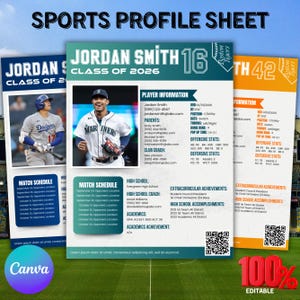Softball Profile Sheet Template, Softball Player Profile, Athlete Profile Sheet Resume, All Sports, Softball Baseball Soccer, Canva Template