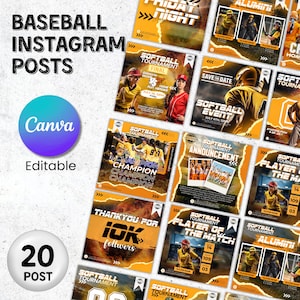 Könnte beinhalten: Eine Sammlung von 20 Instagram-Post-Vorlagen für Baseball und Softball. Die Vorlagen haben ein leuchtendes Orange- und Gelbschema mit Texten wie "Softball Tournament", "Champion" und "Thank you for 10K followers". Das Canva-Logo ist sichtbar.