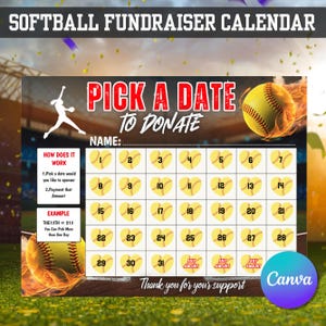 Softball Calendar Fundraiser, Softball Fundraiser Template, Pick a Date to Donate Softball,Pay the Date, Softball Fundraising Calendar Canva