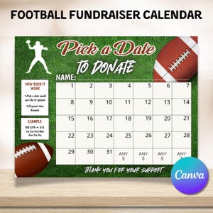 Calendario de recaudación de fondos para fútbol: elige una fecha de donación. Plantilla de calendario de recaudación de fondos para fútbol, tamaño carta (EE. UU.). Descarga instantánea.