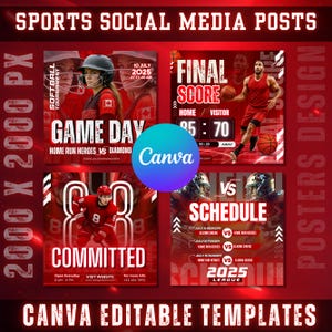 Canva Sports-sjablonen voor sociale media, softbaltoernooi Gameday, voetbal, schema, basketbal, eindscore, ijshockey, toegewijde sjablonen