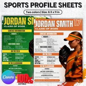 Softball Player Profile, Player Profile For Any Sports, Sports Recruiting Profile, Athlete Player Profile Sheet Resume, Canva Template