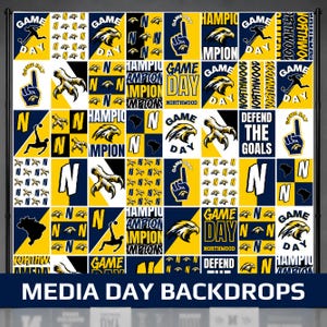May include: A large rectangular backdrop featuring a repeating grid pattern in navy blue and yellow. The design includes graphics of eagle heads, talons, soccer players, foam fingers, the letter N, and the text Game Day, Champions, and Northwood.