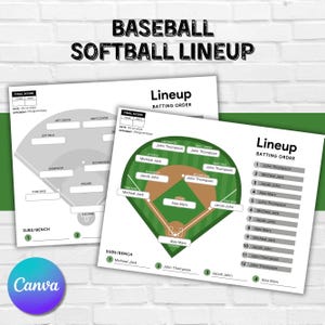 May include: Two baseball and softball lineup sheets. One sheet shows a baseball field diagram with player names. The other sheet lists the batting order. The text "BASEBALL SOFTBALL LINEUP" is at the top.