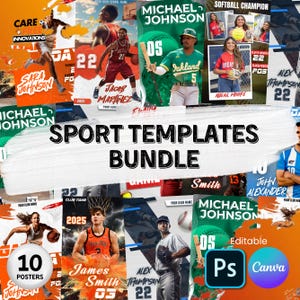 Pode incluir: Um pacote de 10 cartazes de modelos esportivos com atletas em ação. Os cartazes apresentam jogadores de basquete, beisebol e softball com nomes, números e logotipos de equipes. O texto "SPORT TEMPLATES BUNDLE" é exibido em destaque.