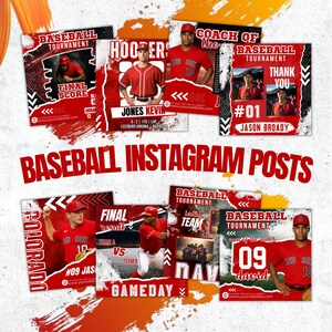 Puede incluir: Un conjunto de plantillas de publicaciones de Instagram con tem&aacute;tica de b&eacute;isbol en rojo, blanco y negro. Cada plantilla presenta fotos de jugadores, logotipos de equipos y texto como "Baseball Tournament", "Final Score" y "Gameday". El dise&ntilde;o general es din&aacute;mico y deportivo.