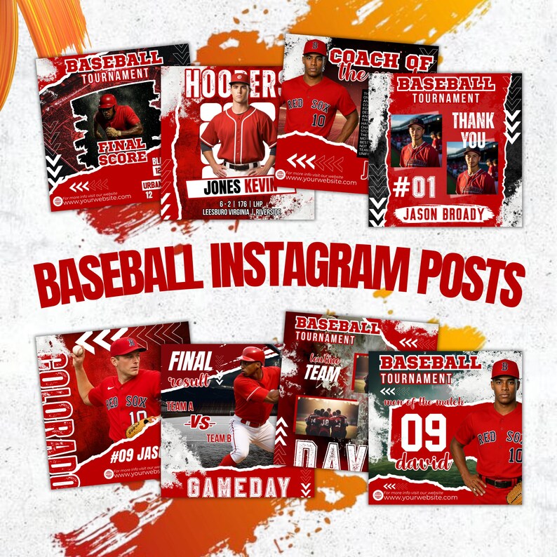 Puede incluir: Un conjunto de plantillas de publicaciones de Instagram con tem&aacute;tica de b&eacute;isbol en rojo, blanco y negro. Cada plantilla presenta fotos de jugadores, logotipos de equipos y texto como "Baseball Tournament", "Final Score" y "Gameday". El dise&ntilde;o general es din&aacute;mico y deportivo.