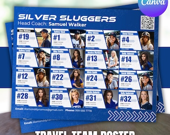 16 Spieler Travel Team Rekrut Roster, Benutzerdefinierte Team Roster Vorlage für jede Sportart Softball, Baseball, Basketball, Athletenprofil, Canva