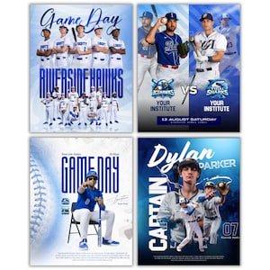 May include: Four baseball game day posters. The top left poster says "Game Day" and "Riverside Hawks". The top right poster shows "Icehawks" vs "Tidal Sharks". The bottom left poster says "Game Day" and the bottom right poster says "Dylan Parker Captain".