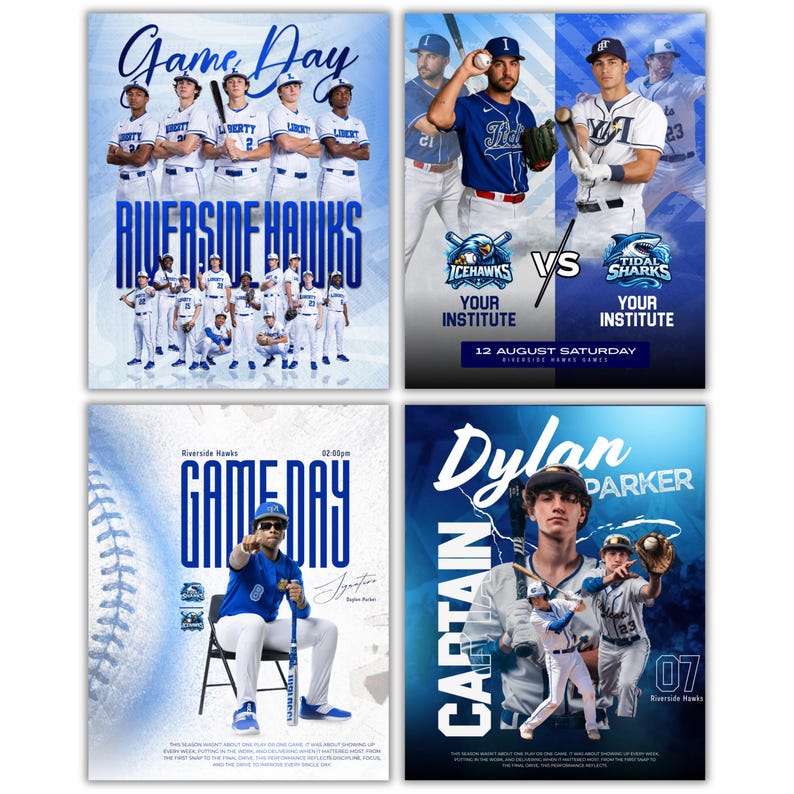May include: Four baseball game day posters. The top left poster says "Game Day" and "Riverside Hawks". The top right poster shows "Icehawks" vs "Tidal Sharks". The bottom left poster says "Game Day" and the bottom right poster says "Dylan Parker Captain".