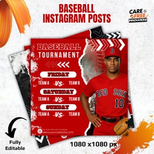 Puede incluir: Plantillas de publicaciones de Instagram de b&eacute;isbol en rojo y blanco. Las plantillas presentan un jugador de b&eacute;isbol con uniforme de los Red Sox y un calendario de torneos. El texto incluye "Baseball Tournament" y "Fully Editable".