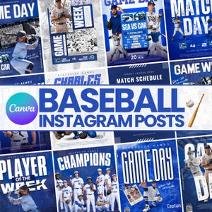 Puede incluir: Una colección de publicaciones de Instagram con temática de béisbol en azul y blanco. Las publicaciones incluyen horarios de juegos, fotos de jugadores y gráficos de equipos. El texto incluye "Game Day", "Match Day" y "Baseball Instagram Posts."
