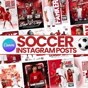 Può includere: Una raccolta di modelli per post Instagram dedicati al calcio con vari layout nei colori rosso e bianco. I design includono immagini di calciatori in divisa, palloni da calcio e testi in evidenza come GAME DAY, GAME WEEK e SOCCER.