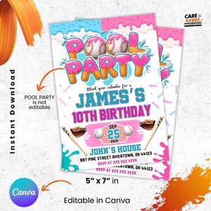 May include: A colorful pool party invitation with a baseball theme. The design features the words "Pool Party" in a playful font, ice cream cones, and baseballs. The invitation is 5" x 7" and includes details for James's 10th birthday.