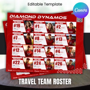 Travel Team Recruit Roster, Custom Team Roster Template For Any Sports Softball, Baseball, Basketball, Athlete Profile, Canva Template