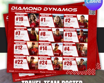 12 Spieler Travel Team Rekrut Roster, Benutzerdefinierte Team Roster Vorlage für jede Sportart Softball, Baseball, Basketball, Athletenprofil, Canva
