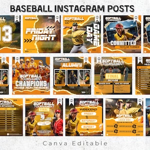 May include: A series of softball tournament Instagram post templates in yellow and black. The designs feature text like "Friday Night", "Game Day", "Champions", and "Final Score". The text "Canva Editable" is also visible.