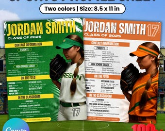 Perfil de jugador de sóftbol, perfil de jugador para cualquier deporte, perfil de reclutamiento deportivo, hoja de perfil de jugador atleta, plantilla de Canva