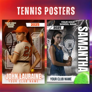 May include: Tennis posters featuring two athletes holding tennis rackets. The left poster shows a person in a cream and orange tennis outfit, holding a racket and a tennis ball. The right poster shows a person in a blue tennis outfit, holding a racket. Both posters have text that says "Tennis Posters", "2025", and names.