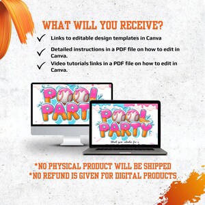 May include: A digital design advertisement featuring a desktop computer and a laptop displaying a "Pool Party" graphic with baseballs. The image includes text: "What will you receive?" and "Mark your calendar for it."