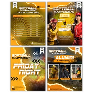 Pode incluir: Quatro cartazes promocionais para um torneio de softbol com esquemas de cores amarelo e laranja. Os designs incluem classifica&ccedil;&otilde;es de equipas, um an&uacute;ncio da final com jogadoras, um gr&aacute;fico de evento noturno e um folheto de torneio.