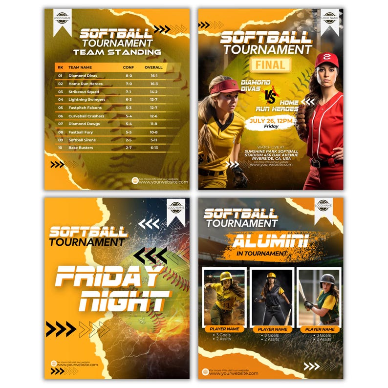 Pode incluir: Quatro cartazes promocionais para um torneio de softbol com esquemas de cores amarelo e laranja. Os designs incluem classifica&ccedil;&otilde;es de equipas, um an&uacute;ncio da final com jogadoras, um gr&aacute;fico de evento noturno e um folheto de torneio.