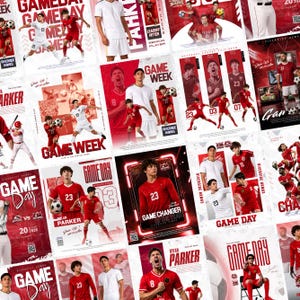 Puede incluir: Un collage de carteles deportivos con jugadores de fútbol en uniformes rojos y blancos, con texto en negrita que incluye Game Day, Game Week y Game Changer of the Year. Los gráficos muestran atletas en acción y balones de fútbol.