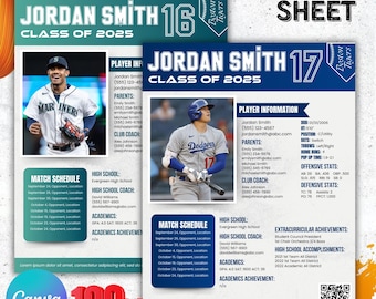 Sports Profile Sheet Template, Athlete Player Profile Sheet Resume, Sports Recruiting Card, Softball Player, Athletic Resume, Sports Resume