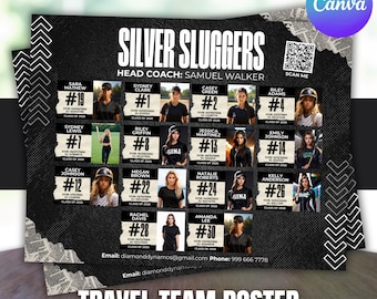 Travel Team Rekrut Roster, Benutzerdefinierte Team Roster Vorlage für jede Sportart Softball, Baseball, Basketball, Athletenprofil, Canva Vorlage