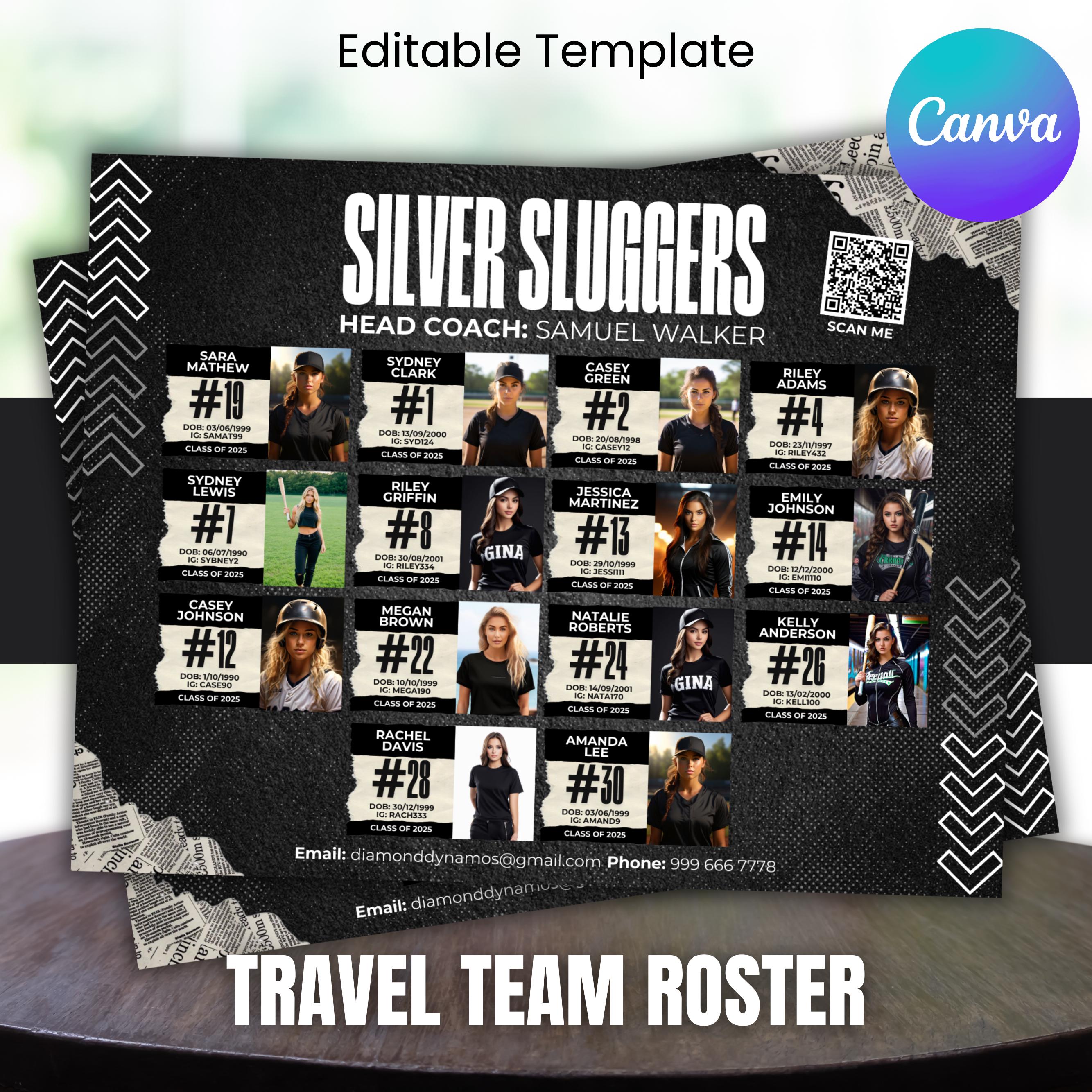 Travel Roster Format Travel Team Recruit Roster, Custom Team Roster Template for Any Sports ...