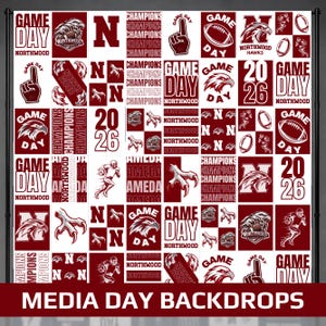 May include: A large rectangular backdrop featuring a repeating grid pattern in maroon and white. The design includes text such as GAME DAY, NORTHWOOD, and CHAMPIONS, alongside graphics of eagle heads, footballs, players, talons, and the number 2026.