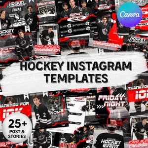Könnte beinhalten: Eine Collage von Instagram-Vorlagen zum Thema Hockey. Die Vorlagen zeigen Hockeyspieler, Spielpläne, Turnierankündigungen und den Text "Hockey Instagram Templates". Das Farbschema ist hauptsächlich Schwarz, Rot und Weiß.