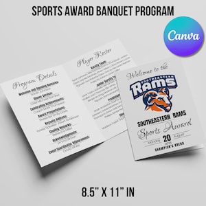 Puede incluir: Un programa de banquete de premios deportivos plegado en tres partes. La portada presenta el logotipo de los Southeastern Rams y los detalles del evento. En el interior, el programa enumera los detalles, incluidos los oradores, el servicio de cena y las listas de jugadores. El programa mide 21,6 cm x 27,9 cm.