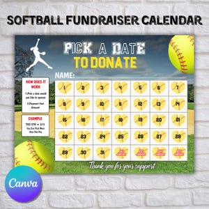 Editable Softball Fundraiser Calendar, Calendar Fundraiser, Fundraiser Calendar Printable, Softball Template, 11 x 8.5 in, BlackOut My Board