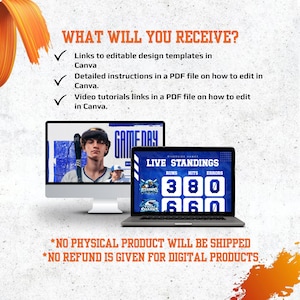 May include: A computer monitor and laptop showing sports graphics. The monitor displays a baseball player with "GAMEDAY." The laptop shows "LIVE STANDINGS" with scores. Text states: "WHAT WILL YOU RECEIVE?" and "NO PHYSICAL PRODUCT WILL BE SHIPPED."
